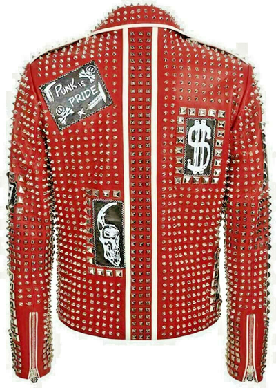 Pre-owned Handmade Philipp Plein Maroon Full Studded Biker Leather Jacket, Giacca Da Uomo In Red