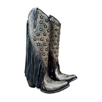 Pre-owned Corral Boots Corral Ladies Stars & Studded Embroidered Black Snip Toe Boots C4083