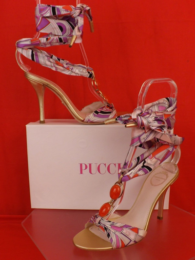 Pre-owned Emilio Pucci Multicolor Jeweled Satin Ankle Wrap Leather Sandals Pumps 38.5 In Multicoloured