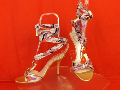 Pre-owned Emilio Pucci Multicolor Jeweled Satin Ankle Wrap Leather Sandals Pumps 38.5 In Multicoloured