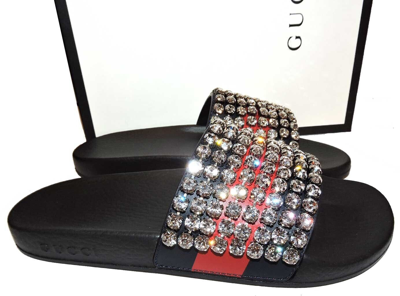 Pre-owned Gucci Web Sandals Crystals Coated Slides Shoes Sz 39, Pursuit Apollo Pool $1200 In Black