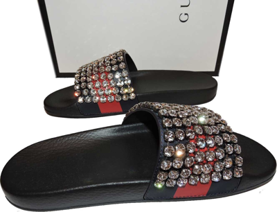 Pre-owned Gucci Web Sandals Crystals Coated Slides Shoes Sz 39, Pursuit Apollo Pool $1200 In Black