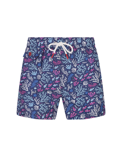 Shop Kiton Blue Swim Shorts With Fish And Coral Pattern