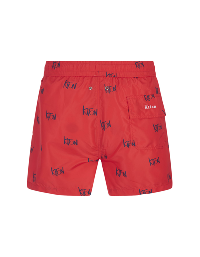 Shop Kiton Red Swim Shorts With All-over Logo