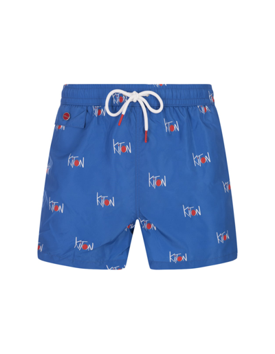 Shop Kiton Blue Swim Shorts With All-over Logo