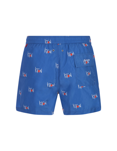 Shop Kiton Blue Swim Shorts With All-over Logo