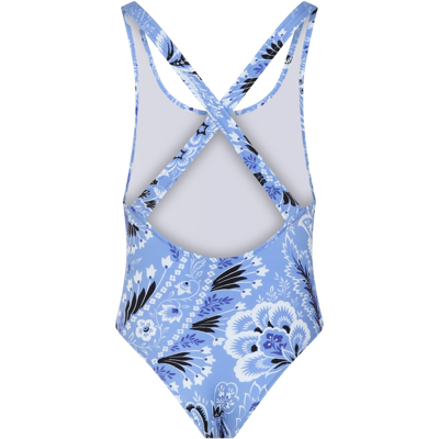 Shop Etro Sky Blue Swimsuit For Girl With Paisley Motif