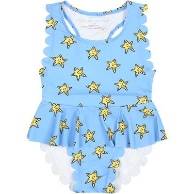 Shop Stella Mccartney Light Blue Swimsuit For Baby Girl With Starfishes