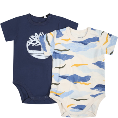 Timberland Blue Bodysuit Set For Baby Boy With Logo In Blue
