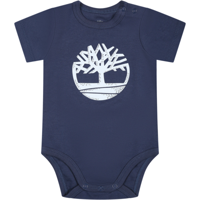 Timberland Blue Bodysuit Set For Baby Boy With Logo In Blue