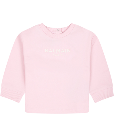 Shop Balmain Pink Sweatshirt For Baby Girl With Embroidered Logo