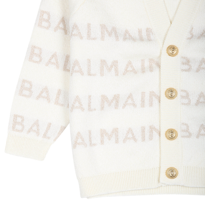Shop Balmain Ivory Cardigan For Baby Boy With Logo