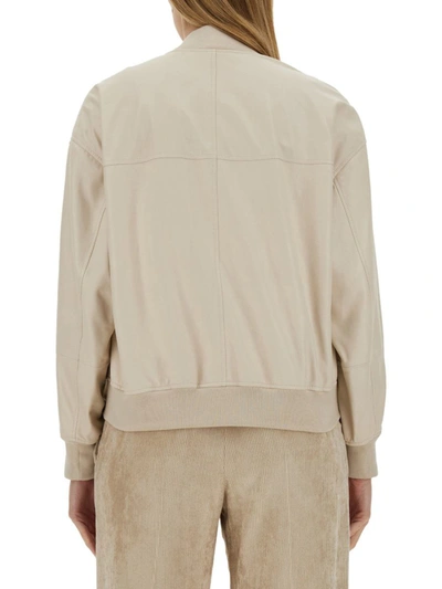 Shop Brunello Cucinelli Leather Bomber Jacket In Ivory