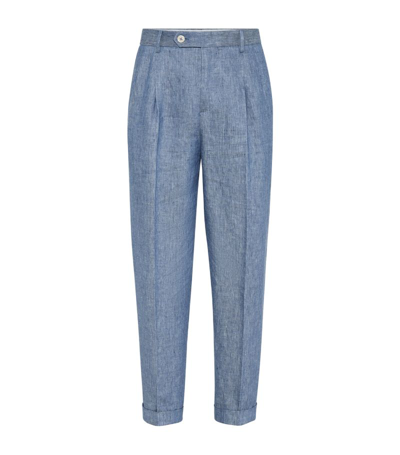 Shop Brunello Cucinelli Denim-effect Linen Trousers In Blue