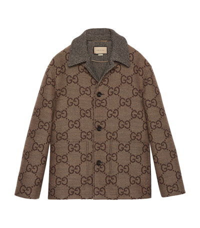 Shop Gucci Knitted Gg Logo Blazer In Brown