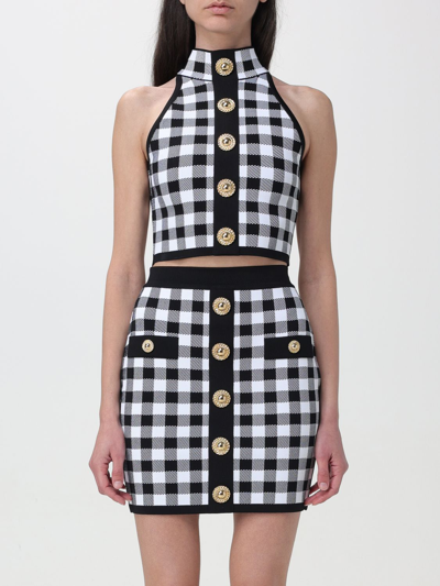 Balmain Cropped Button-embellished Gingham Knitted Top In Black