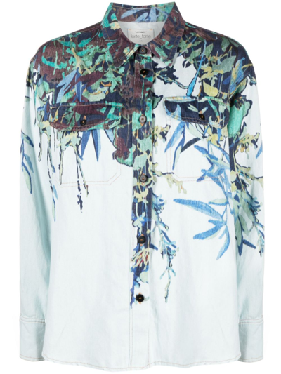 Shop Forte Forte Printed Cotton And Linen Blend Overshirt In Blue
