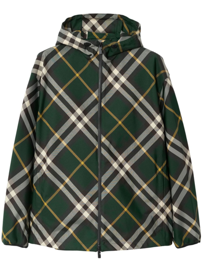 Shop Burberry Check Hooded Jacket In Green