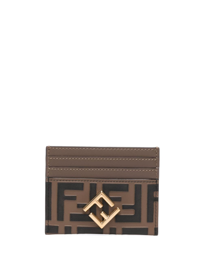 Shop Fendi Ff Diamonds Leather Card Case In Brown