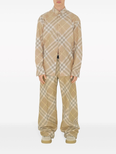Burberry Men Beige Shirt With Button-down Collar And Check Motif In Cotton Man In Beige