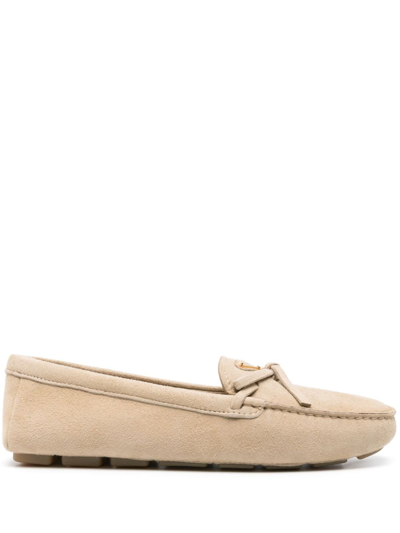 Shop Prada Suede Leather Loafers In Beige