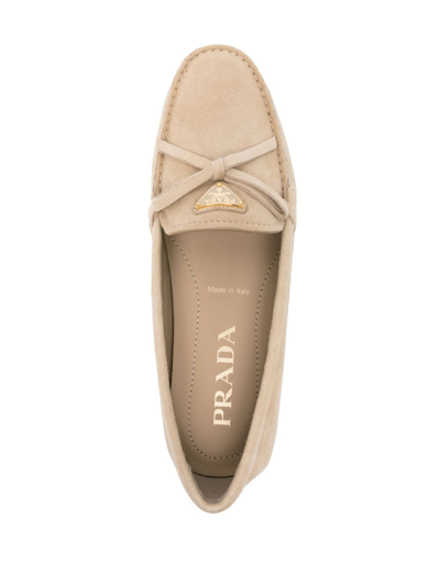 Shop Prada Suede Leather Loafers In Beige