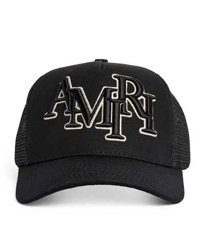 Shop Amiri Embroidered Staggered Logo Trucker Cap In Black