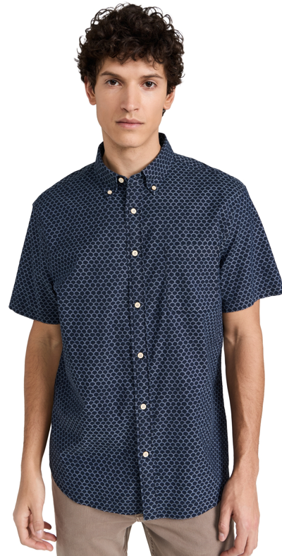 Faherty Playa Regular Fit Print Short Sleeve Button-down Shirt In Midnight Fish Scale