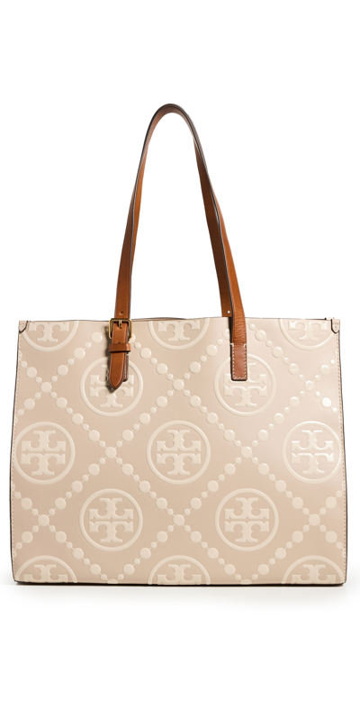 Tory Burch T Monogram Small Contrast Embossed Tote In Longan / New Cream