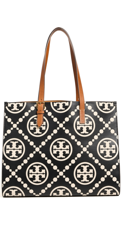 Tory Burch T Monogram Embossed Leather Tote Bag In Black
