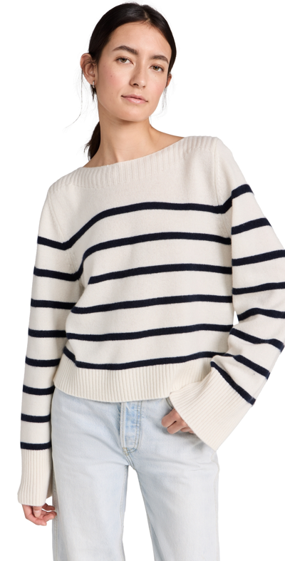 Shop La Ligne Boat Neck Breton Cashmere Sweater Cream/navy