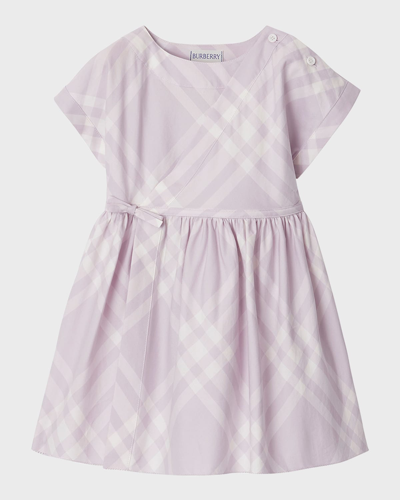 Shop Burberry Girl's Anorra Bias Check Short-sleeve Dress In Pastel Lilac Chec