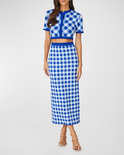 Shop Shoshanna Bobie Check Intarsia Straight Midi Skirt In Blue/opt