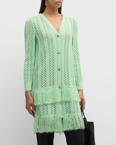 Shop Misook Pointelle & Cable-knit Fringe-trim Jacket In Paradise Green