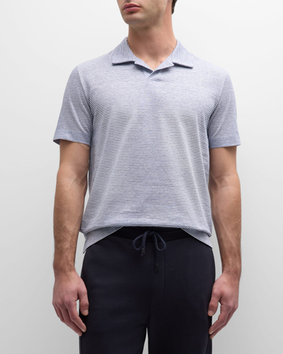 Shop Canali Men's Cotton-linen Stripe Polo Shirt In Navy