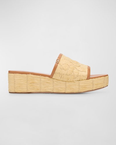 Shop Valentino Raffia Leather Platform Slide Sandals In Almond Beige/natu