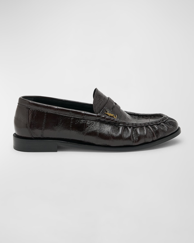 Shop Saint Laurent Le Leather Ysl Penny Loafers In Moka Brown