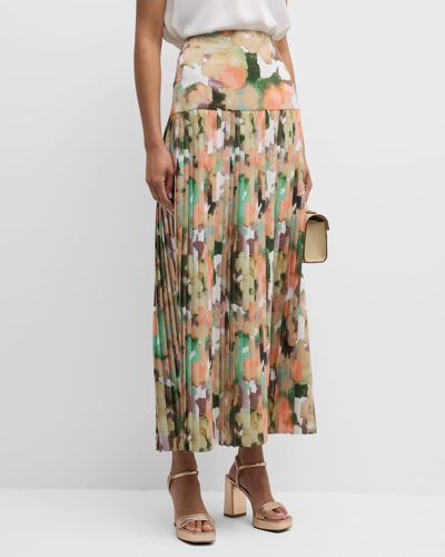Shop Misook Pleated Watercolor-print A-line Maxi Skirt In Verdant Clover/pa