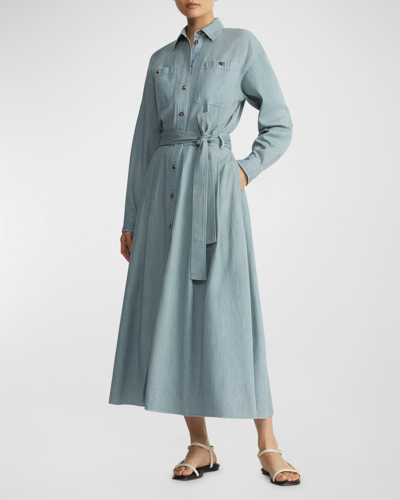 Shop Lafayette 148 Belted A-line Cotton Chambray Midi Shirtdress In Sunkissed