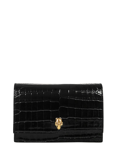 Alexander Mcqueen Skull Small Embossed Croc Leather Crossbody Bag In Nero