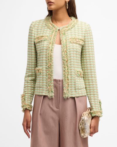 Shop Misook Fringe Trim Soft Tweed Knit Crop Jacket In Verdant Clover/pa