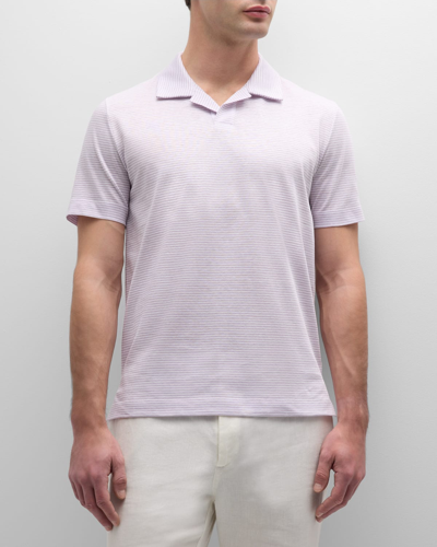 Shop Canali Men's Cotton-linen Stripe Polo Shirt In Purple