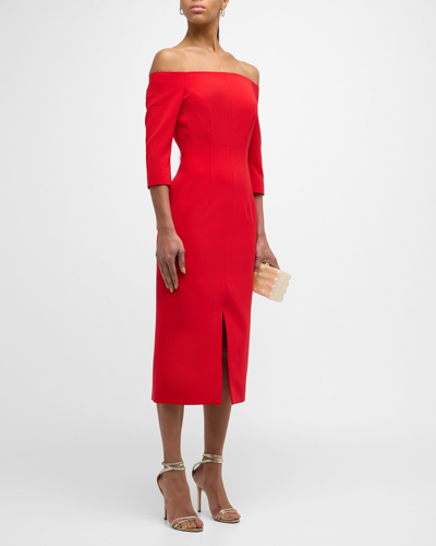Shop Carolina Herrera Off-shoulder Midi Dress In Poppy