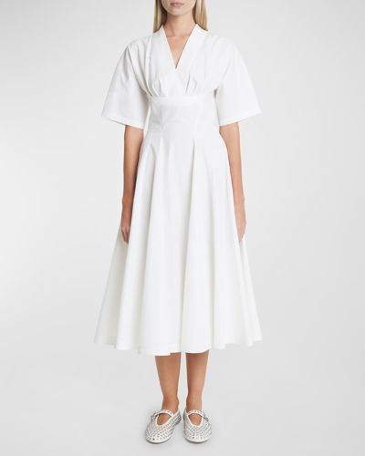 Shop Alaïa V-neck Short-sleeve Fit-&-flare Poplin Midi Dress In Blanc