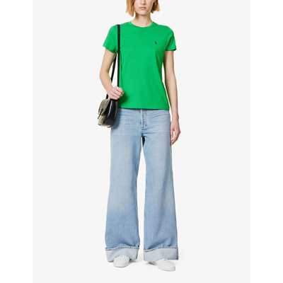 Shop Polo Ralph Lauren Women's Preppy Green Round-neck Brand-embroidered Cotton-jersey T-shirt