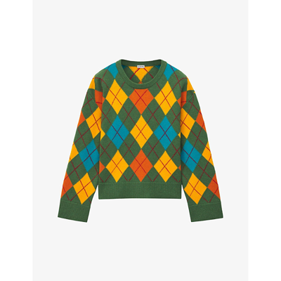 Shop Loewe Women's Green/multicolor Argyle-pattern Wool Jumper