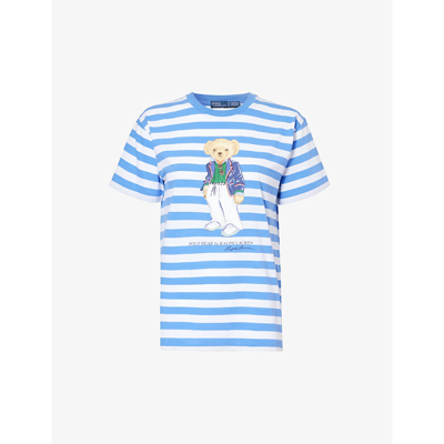 Shop Polo Ralph Lauren Brand-print Striped Cotton-jersey T-shirt In Resort Blue White Stripe