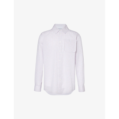 Shop Bottega Veneta Men's White/orange/blue Checked Pleated-cuff Relaxed-fit Cotton And Silk-blend Shirt