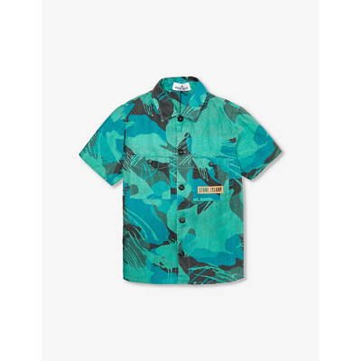 Shop Stone Island Boys Emerald Kids Camo-print Short-sleeve Cotton Shirt 8-14 Years