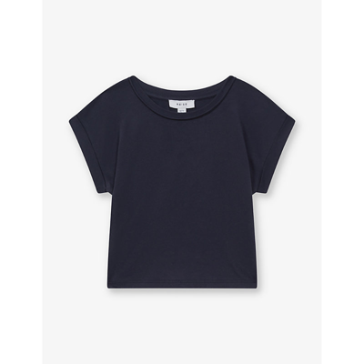 Shop Reiss Girls Navy Kids Terry Cropped Cotton T-shirt